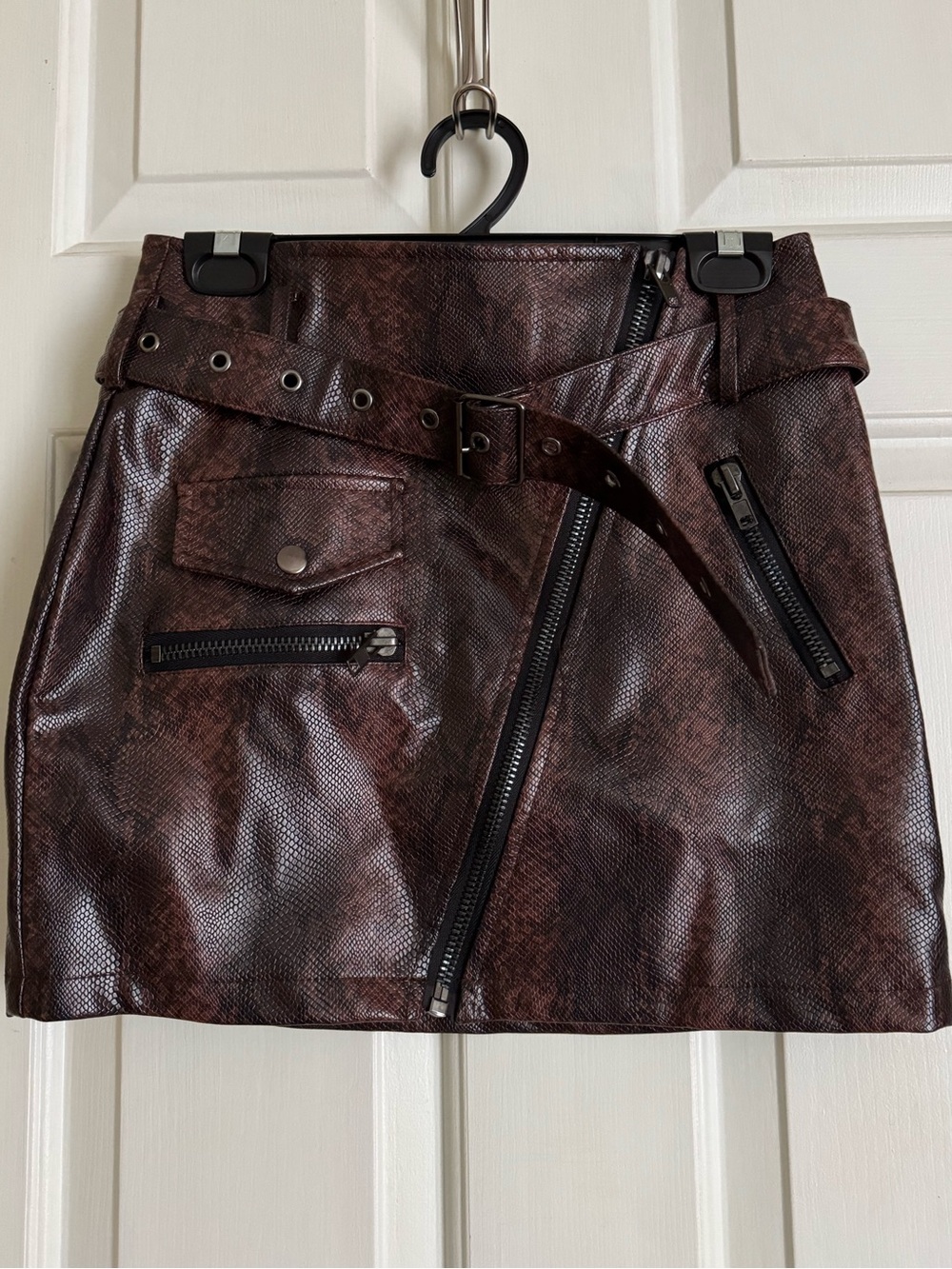 Faux Leather Snake Skin Moto Mini Skirt | Size S